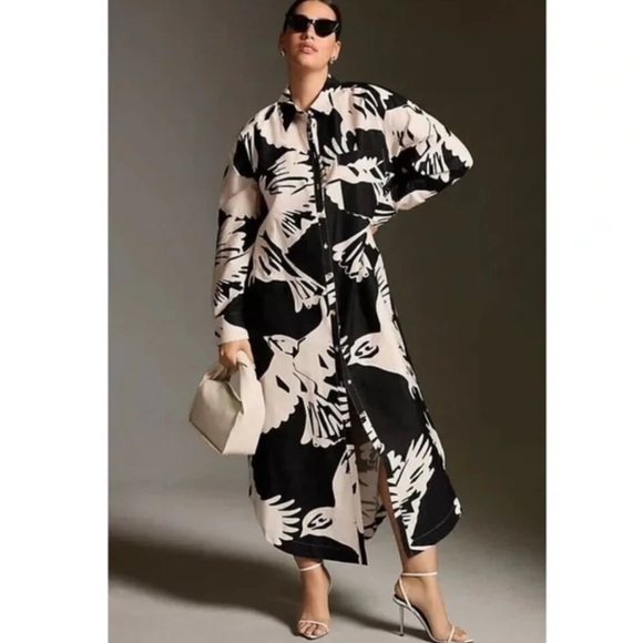 Anthropologie Maeve The Soren‎ Black White Bird Print Midi Shirt Dress XXS XS S - Picture 13 of 13
